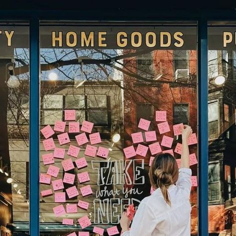 Becky Tyre Retail Details on Instagram: "I adore this “take” on the post-it heart window. Take What You Need at Annie’s Blue Ribbon General Store in Brooklyn. 💝 #Repost @anniesblueribbongeneralstore ・・・ TAKE WHAT YOU NEED 💗 Just in time for Valentine's Day is our new window (inspired by Annie's students at @fitnyc)!  We all have those days where we need some extra love or encouragement. At Annie's we're here for you always!  Even as we were installing the window, we had several people stop by Valentines Retail Display, Valentine Retail Window Display Ideas, Shop Window Displays Ideas, Valentine Window Display Ideas, Retail Window Display Ideas, Creative Window Display, Anthropologie Window Display, Retail Design Ideas, Valentines Window Display