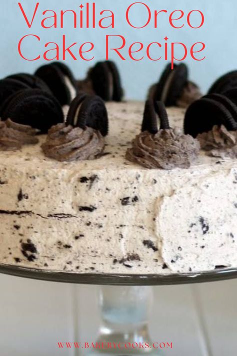 A delightful dessert featuring layers of moist vanilla cake and creamy Oreo frosting. Crush Oreo cookies into the batter for added texture. Frost with a rich, Oreo-infused buttercream and garnish with whole Oreos. Perfect for celebrations and Oreo lovers! Vanilla Oreo Cake Recipe, Vanilla Oreo Cake, Oreo Cake Recipe, Classic Vanilla Cake, Oreo Frosting, Vanilla Oreo, Vegetarian Cookies, Moist Vanilla Cake, Peanut Butter Oreo