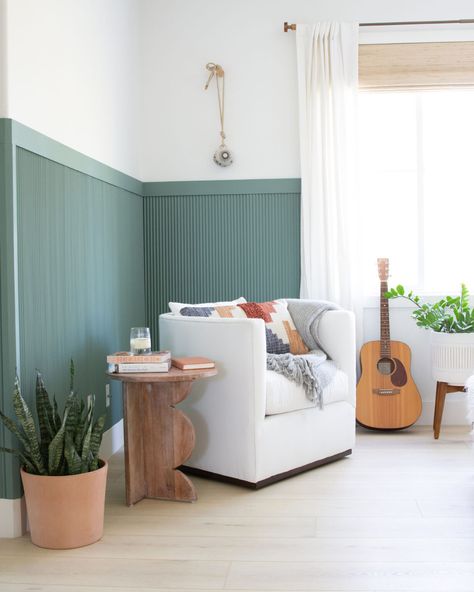 How This DIY Tambour Paneling Project CHANGED The Way Anita's Family Used Their Home (Plus A Step By Step) - Emily Henderson Tambour Wall, California Casual Living Room, Modern Eclectic Home, Casual Living Room, Beachy Bedroom, Murphy Bed Diy, Wood Cladding, Diy Ikea Hacks, Green Paint Colors