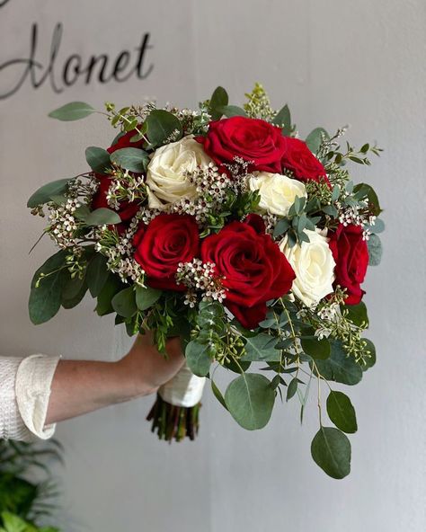 Red And White Christmas Wedding Bouquet, Red And Silver Wedding Bouquet, Bouquet Of Flowers Wedding Red, Bridal Bouquet Red And White Roses, Red Bridal Flowers Bouquet, Bouquet Wedding Red And White, Bridal Bouquet With Red Roses, Red And Eucalyptus Wedding, Red Flower Prom Bouquet