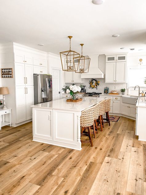 White Kitchen Oak Floor, Hardwood In Kitchen, Oak Floor Kitchen, Welcome To Our Nest, White Kitchen Wood Floors, Kitchen Bright, Hickory Kitchen, Light Wood Kitchens, Hickory Flooring