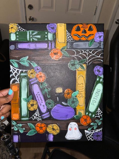 Halloween Paintings On Canvas Hocus Pocus, Halloween Book Painting, Spooky Bookshelf Drawing, Book Painting Ideas On Canvas Easy, Bookcase Painting Canvas, Halloween Bookshelf Painting, Spooky Acrylic Painting Easy, October Paintings Canvas, Easy Paint Night Ideas Simple