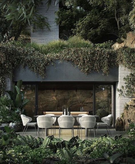 Biophilic Architecture, Chairs And Tables, Internal Courtyard, Biophilic Design, Design Exterior, Forest House, Architecture Visualization, Indoor Outdoor Living, Outdoor Design