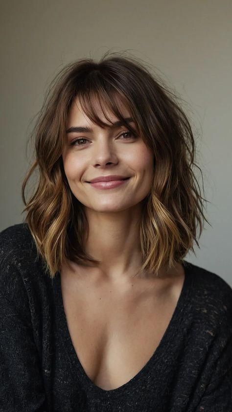 Elevate Your Style with These 15 Trendy Shoulder Length Haircuts with Layers - Inspire Inlet Mid Length Hair With Choppy Layers, Short Layered Haircuts Dark Hair, Side Bangs With Shoulder Length Hair, Shoulder Length Hair Cuts With Layers And Curtain Bangs, Collar Length Hair Layers, Shoulder Length Hair Choppy Layers, Above The Shoulder Haircut With Bangs, Hair Cuts Side Bangs, Shoulder Length Hair Cuts With Layers For Wavy Hair Medium