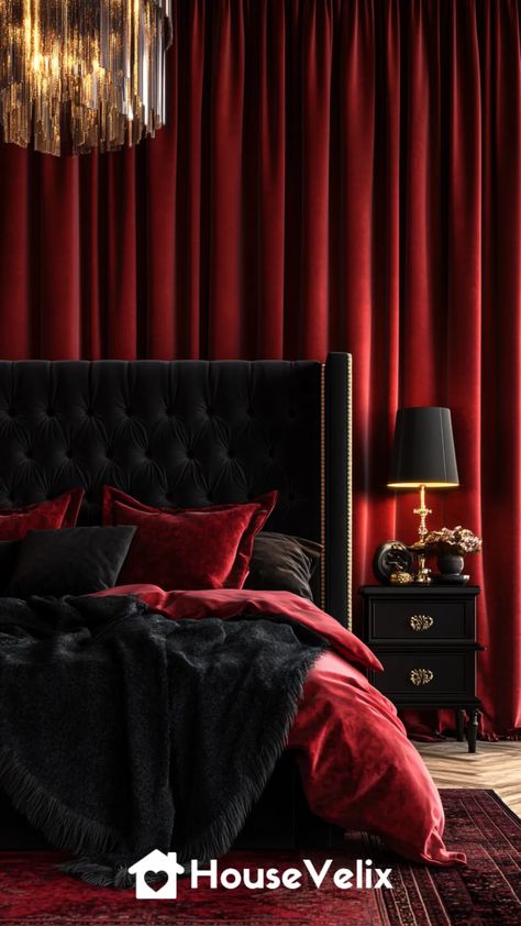 Crimson Noir Niche Updated Draped Bedroom, Burgundy Headboard, Color Scheme Bedroom, Sultry Bedroom, Maroon Bedroom, Feminine Bedroom Ideas, Dark Feminine Bedroom, Burgundy Color Scheme, Dark Bohemian