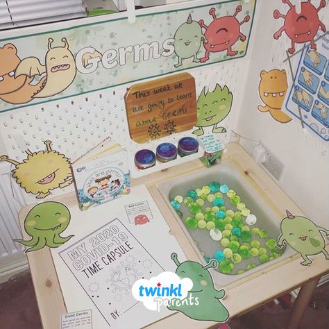 Germs Sensory Bin, Germ Sensory Bin, Hygiene Preschool, Germs Preschool, Preschool January, The Germs, Prek Classroom, Display Banners, Sensory Table