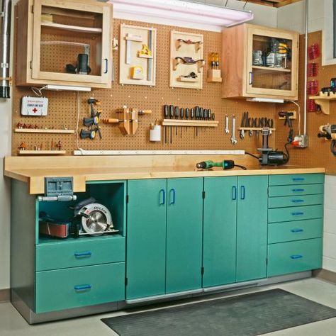 Kitchen Cabinet Workbench, Small Workshop Layout, Garage Woodshop, Workbench Organization, Workbench Plan, Workbench Ideas, Garage Workshop Layout, Project Paper, Garage Workshop Organization