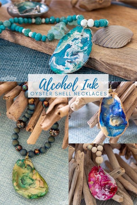 I can't pick a favorite. All of these one-of-a-kind oyster shell pendants are gorgeous! Learn how to make your own beaded oyster shell necklace using alcohol inks and metallic leaf. These are the epitome of coastal chic! Shell Necklace Diy, Oyster Shells Diy, Shell Garland, Using Alcohol Inks, Wine Bottle Charms, Oyster Shell Crafts, Shells Diy, Shell Decorations, Artificial Christmas Garland