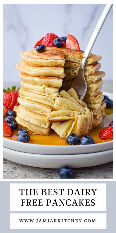 stack of fluffy homemade oat milk pancakes with berries and maple syrup Lactose Free Pancakes, Lactose Free Breakfast, Dairy Free Pancake Recipe, Milk Pancakes, Dairy Free Pancakes, Healthy Pancake Recipes, Lactose Free Recipes, Pancakes From Scratch, Dairy Free Breakfasts