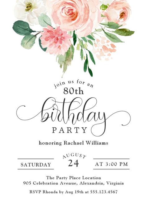 Blush Pink Floral 80th Birthday Party Invitation 80th Birthday Party Invitations, 80th Birthday Party, Party Places, 80th Birthday, Birthday Party Invitation, Birthday Party Invitations, Open House, Pink Floral, Birthday Invitations