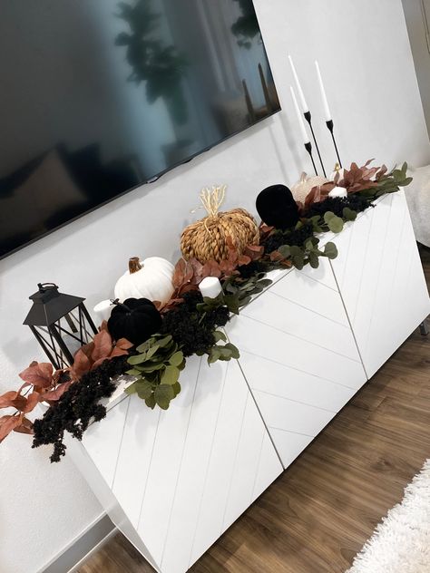 Dark Green Fall Decor, Blending Fall And Halloween Decor, Black And Brown Fall Decor, Fall And Halloween Mixed Decor, Brown And White Fall Decor, Monochromatic Fall Decor, Entertainment Center Fall Decor, Subtle Halloween Decor, Black Fall Decor