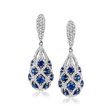 Ross-Simons - 2.20ct t. w. Sapphire, 1.10ct t. w. Diamond Drop Earrings in 14kt White Gold. A pair with superb, heirloom-quality beauty and appeal. These luxurious drop earrings are blanketed in 1.10 ct. t. w. round brilliant-cut diamonds with 2.20 ct. t. w. round sapphires that show off a scintillating deep-blue hue in a lavish, lattice-style design. Finely crafted in polished 14kt white gold. Hanging length is 1 1/4". Hinged post, diamond and sapphire drop earrings. Sapphire birthstones are th Real Sapphire Earrings, Gold And Sapphire Earrings, Expensive Jewelry Luxury Earrings, Sapphire Fine Jewelry, Blue Earrings Wedding, Blue Diamond Earrings, Sapphire Drop Earrings, Blue Jewelry Set, Blue Sapphire Earrings