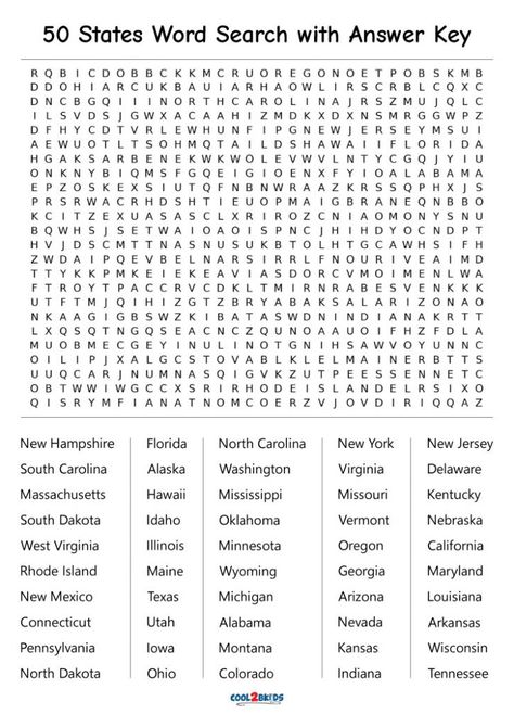 Printable 50 States Word Search - Cool2bKids 50 States Word Search, Elementary Word Search, Hard Word Search Free Printable, Cross Words Puzzle, Adult Word Search Printables, Number Identification Worksheets, 50 States Activities, Word Search For Adults, Word Puzzles For Kids