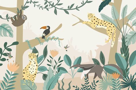 Children's Amazon Rainforest Wallpaper Mural | Bobbi Beck Jungle Mural For Kids, Jungle Animal Wallpaper, Animal Wall Mural, Amazon Rainforest Animals, Jungle Animals Nursery, Jungle Mural, Van Gogh Almond Blossom, Palm Leaf Wallpaper, Rainforest Animals