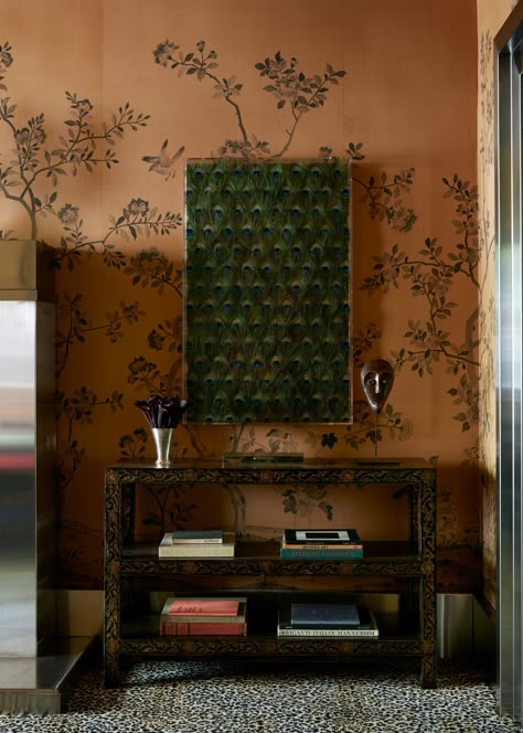 Stairwell Mural, Court Of Fey And Flowers, Billy Cotton, Interior Entryway, Ceiling Molding, Bamboo Palm, Show House, Wallpaper Ceiling, Antique Fireplace