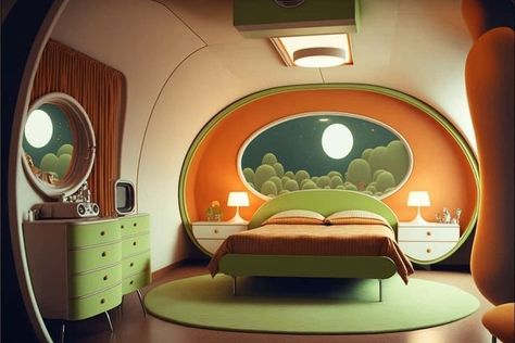 Retro Futurism Bedroom, 1960s Interior Design, Space Age Interior, 80s Interior Design, 80s Interior, 70s Interior, Spaceship Interior, Retro Interior Design, Funky Home Decor