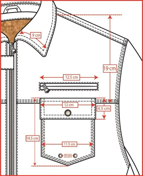 Bolsillo de camisa medidas Pola Top, Mens Shirt Pattern, Mens Sewing Patterns, Projek Menjahit, Sewing Measurements, Kemeja Lelaki, Shirt Sewing Pattern, Jacket Pattern Sewing, Sewing Tutorials Clothes