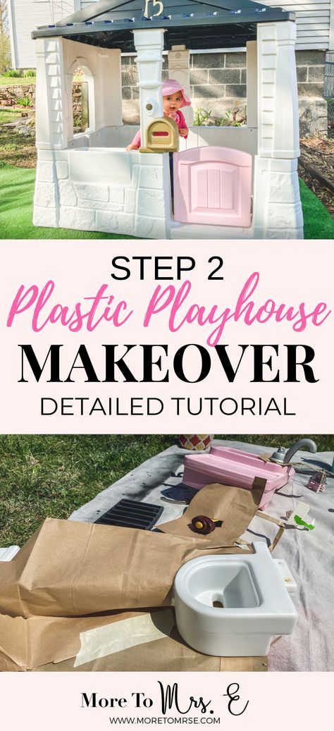 Toddler Playhouse Makeover, Diy Outdoor Playhouse Makeover, Painting Playhouse, Step 2 House Makeover, Step 2 Cottage Makeover, Plastic Outdoor Playhouse Makeover, Redone Playhouse, Diy Plastic Playhouse Makeover, Step 2 Kitchen Makeover