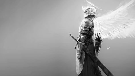 armored knight with angel wings and halo wallpaper #knight angel wings #Halo #sword #armor #monochrome #1080P #wallpaper #hdwallpaper #desktop 천사와 악마, Illustration Fantasy, Angel Warrior, Charcoal Drawings, Knight Art, Fantasy Armor, Arte Fantasy, Armor Concept, Angels And Demons