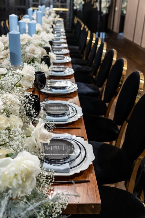 January Wedding Dusty Blue, Blue White And Black Wedding Theme, Powder Blue And Black Wedding, Periwinkle And Black Wedding, Black And Blue Wedding Aesthetic, Black Blue And White Wedding Theme, Black White Dusty Blue Wedding, Dusty Blue And Black Wedding Decor, Black Dusty Blue Wedding