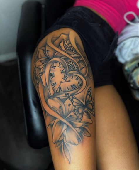 Feminine Thigh Tattoos Women, Time Waits For No One Tattoo, Hip And Thigh Tattoos Women, Leg Tattoos Women Lower Calf, Thigh Tattoos Black Women, Thigh Tattoos Women Black, Side Thigh Tattoos Women, Cute Shoulder Tattoos, Thigh Piece Tattoos