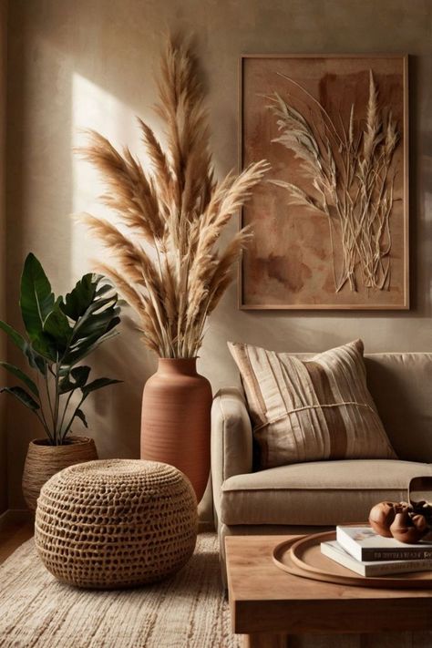 Cozy boho wall art with natural elements and calming colors for a relaxing atmosphere. Earthy Home Decor Boho Style, Entertainment Area Ideas, Boho Corner, Earthy Living Room, Earthy Home Decor, Corner Ideas, Earthy Home, Cozy Home Office, Cozy Boho