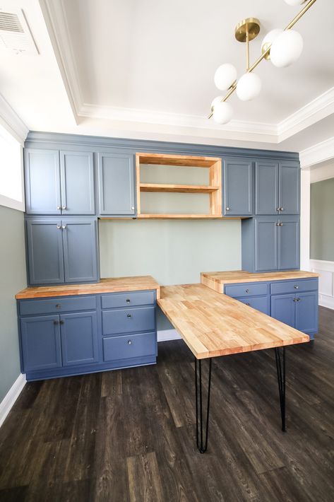 Home office built ins with butcher block shelves Desk With Wall Storage, Diy Desk With Kitchen Cabinets Home Office, Built In 2 Person Desk And Shelves, Diy Desk Wall Unit, Home Office Wall Cabinets, T Desk Home Office, Cabinet Shelving Ideas, Desk And Storage Wall, Craft Room Built Ins