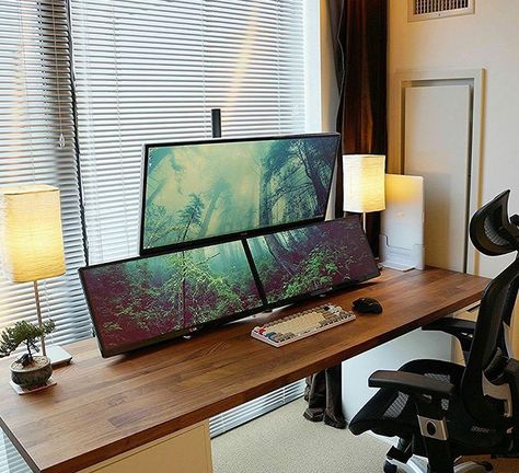 Three monitor configuration. Three Monitor Desk Setup, Monitor Desk Setup, Simple Computer Desk, Monitor Desk, Gaming Computer Desk, Dream Desk, Computer Desk Setup, Pc Gaming Setup, Gaming Setups