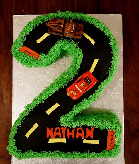 Number 2 race track cake with disney cars Number 2 Race Track Cake, Number 2 Race Car Cake, Number 2 Cake Cars, Number 2 Car Cake, Birthday Cake Disney, Race Track Cake, Car Cakes, Race Car Cakes, Cars Birthday Party