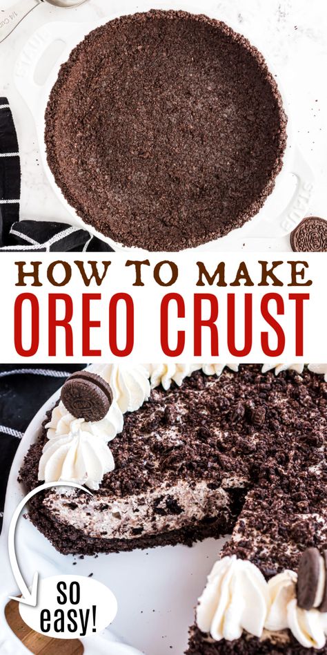 This Oreo Pie Crust recipe is easy to make with only two ingredients! Learn how to make the perfect chocolate pie crust for any cheesecake or no bake pie in 10 minutes or less. Oreo Pie Crust Recipe, Cookie Pie Crust Recipe, Cheesecake Crust Recipe, Oreo Crust Recipe, No Bake Oreo Pie, Oreo Cookie Pie, Cookie Crust Recipe, Oreo Pie Crust, No Bake Pie