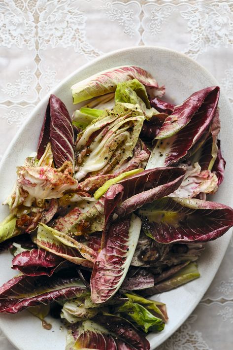 This bold salty-sweet dressing and bitter chicories are flavor heavyweights; they stand up to and complement one another in this simple striking salad. Glazed Shallots, Date Dressing, Chicory Salad, Dressing Salad, Chicory Recipe, Thanksgiving Salad, Cornbread Stuffing, Mustard Vinaigrette, Radicchio Salad