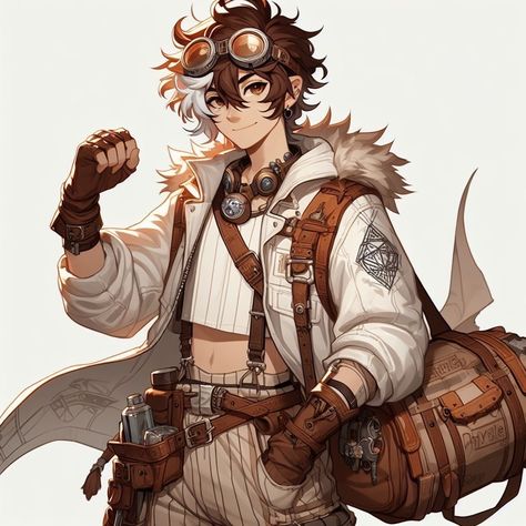 Artificer Outfit Male, Cartographer Character Design, Dnd Archeologist, Tinkerer Character Design, Dnd Tinkerer, Artificer Dnd Art, Cartographer Character, Steampunk Oc Male, Adventurer Concept Art