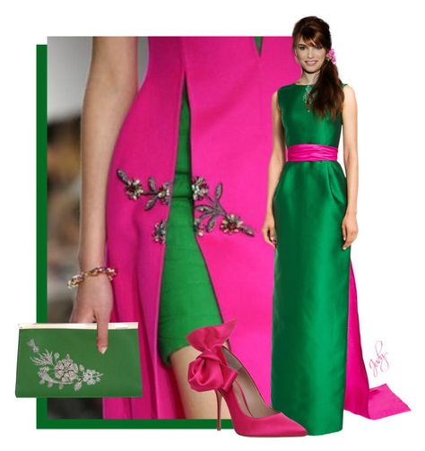 "Haute Couture, Hot Pink & Emerald Green" by judymjohnson ❤ liked on Polyvore featuring Oscar de la Renta, Kurt Geiger and Valextra Pink Runway, Fuschia Dress, Magenta Dress, Green Clutches, Pink Emerald, Dark Green Dress, Emerald Dresses, Pink Jewelry, Green Outfit