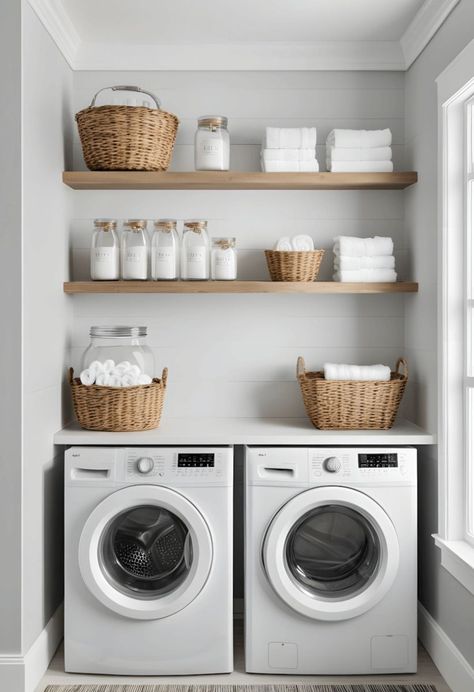 Small Outside Laundry Room Ideas, College Apartment Laundry Room, Small Laundry Room Countertop Ideas, Builder Grade Updates Laundry Room, Uk Laundry Room, Diy Laundry Storage Ideas, Townhouse Laundry Room, Laundry Room Open Shelf Organization, Small Laundry Corner Ideas