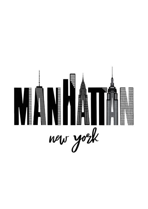 Manhattan New York Typography Digital Print | Etsy Manhattan Illustration, Misty City, America Illustration, New York Typography, Large Gallery Wall, Travel Sketchbook, Poster Typography, New York Poster, Graphics Layout