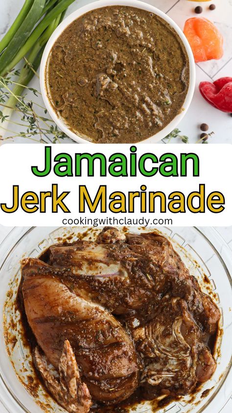 Jamaican Jerk Marinade Jerk Marinade For Chicken, Jamaican Green Seasoning Recipe, Jerk Oxtails Jamaican Recipes, Jerk Marinade Recipes, Jamaican Sides, Jamaican Meals, Bahamian Recipes, Jerk Seasoning Recipe, Crazy Recipes