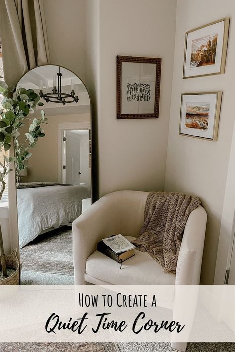 Quiet Space Home, Bible Study Area In Bedroom, Quiet Time Corner, Bible Reading Corner, Bedroom Prayer Corner, Reading Corner Room Ideas, Bible Study Corner In Room, Prayer Nook Ideas, Closet Prayer Room Ideas