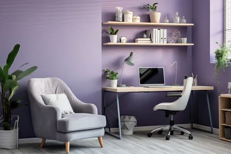 What Color Goes With Lilac? - Calming Shades of Pastel Purple Lilac Home Office, Purple Accent Wall Office, Lavender Office Ideas, Light Purple Office, Lilac Office, Lavender Office, Purple Accent Wall, Home Study Rooms, Purple Office