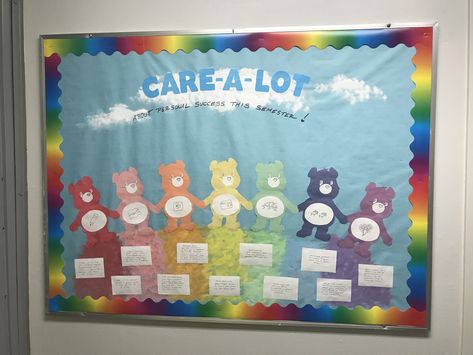 Care Bear Bulletin Board with Personal Success Tips for the Semester #ra #rabulletinboards #raboard #carebears #success #bulletinboard #bulletinboardideas Self Care Bear Bulletin Board, Care Bear Door Decs, Care Bears Classroom Theme, Care Bears Bulletin Board, Giving Bulletin Board Ideas, Care Bear Decor, Carebear Classroom Theme, Hello Kitty Bulletin Board, Care Bear Bulletin Board