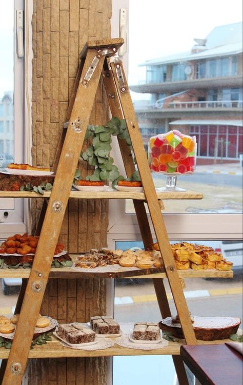 Ladder Market Display, Old Wooden Ladders, Charcuterie Board Meats, Ladder Display, Old Ladder, Wood Ladder, Release Party, S'mores Bar, Market Displays