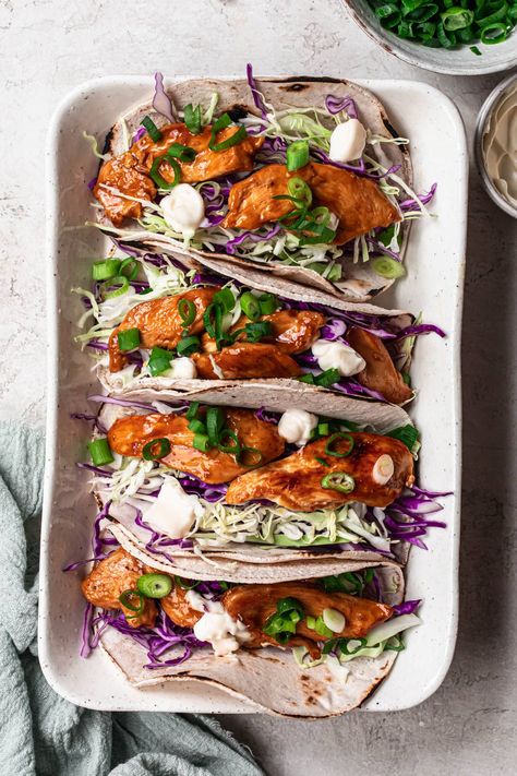 An Asian twist on a Mexican classic, these teriyaki chicken tacos are so easy to make and taste SO good! Teriyaki Tacos, Teriyaki Chicken Tacos, Quick Teriyaki Chicken, Gluten Free Teriyaki Sauce, Healthy Teriyaki Chicken, Gluten Free Flour Tortillas, Soy Sauce Alternative, Quick Pickled Red Onions, Easy Teriyaki Chicken