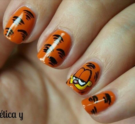 Garfield Nails, Cartoon Nails, Fingernail Designs, Really Cute Nails, Kawaii Nails, I Love Nails, Cute Nail Designs, Funky Nails, Dope Nails