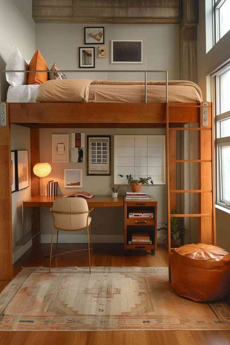 40 Loft Bedroom Ideas: Maximizing Your Space With Style Mid Century Modern Loft Bed, Loft Bed For Adults Queen Size, Free Standing Loft Bed, Loft Bed Desk Underneath, Loft Bed Ideas For Small Rooms Adult, Small Bedroom Loft Ideas, Small Apartment Decor Inspiration, New York Bedroom Ideas, Student Room Aesthetic