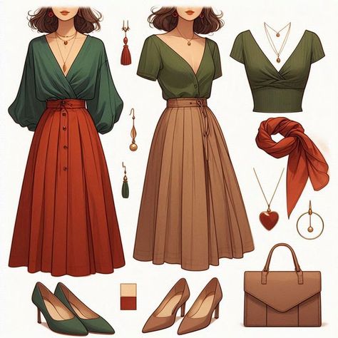 Autumn Colour Palette Fashion, Rust Color Palette Outfit, Caramel Skirt Outfit, How To Style Green Skirt, Emerald Outfits For Women, Emerald Skirt Outfit, Outfits For Red Heads, Outfit With Green Skirt, Rust Color Outfits