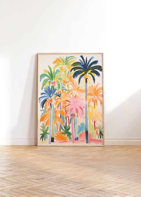 DIGITAL DOWNLOAD PRINTABLE ART | Watercolor Palm Trees Beach painting in neutral colorful tones. Perfect decor for your Living or Dining room, Kitchen shelf or Bookcase. Instantly download, print and frame your new artwork Please note no physical product is delivered with this listing. PERSONAL USE ONLY. OAK & ASPEN PRINTS INCLUDED JPG FILES in 300dpi resolution: FILE #1 - A1-A4 ISO & 5x7 in Can be printed in the following sizes: A1 / A2 / A3 / A4 / 5x7 in FILE #2 - Ratio 2 to 3 Can be printed i Water Color Art Prints, Beach Artwork Painting, Watercolour Palm Tree, Beach Painting Ideas, Painting Palm Trees, Palm Tree Watercolor, Art Painting Colorful, Palm Tree Prints, Palm Trees Art