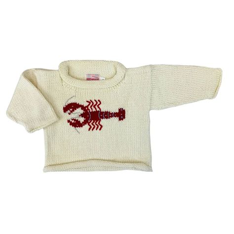 ivory roll neck sweater with red horizontal lobster knitted on front center Lobster Sweater, Cotton Sweaters, Ladies Sweater, Red Wagon, Lobster Roll, Roll Neck Sweater, Sweater Collection, Chunky Knits Sweater, Chunky Sweater