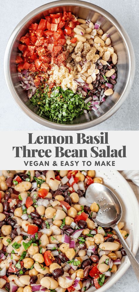 This Lemon Basil Three Bean Salad is refreshing and easy to put together. Perfect to enjoy as is, serve at summer parties or enjoy as a side. No Dairy Vegetarian Recipes, Vegetable Bean Salad, Veggie Side Salad, Lemon Bean Salad, Easy Summer Healthy Recipes, Refreshing Summer Side Dishes, Healthy Bean Side Dishes, Meal Prep Clean Eating Vegetarian, Vegetarian Bbq Side Dishes