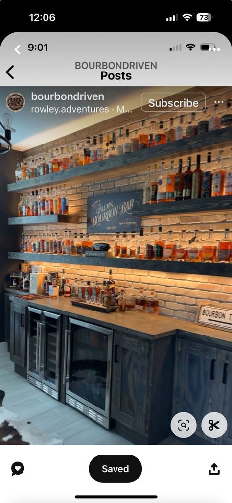 Diy Bar Lighting Ideas, Wine And Bourbon Bar, Bourbon Wet Bar, Large Liquor Cabinet Ideas, Bourbon Display Cabinet, Basement Bar Area Ideas, Man Cave Wet Bar, Bourbon Wall Display, Bourbon Display Ideas