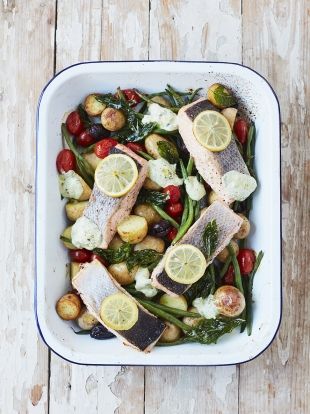 Roasted salmon & summer veg traybake | Jamie Oliver Yoghurt Recipe, Tray Bake Recipes, Baked Dinner, Tray Bake, Jamie Oliver Recipes, Roasted Salmon, Pan Recipes, One Pan Meals, Jamie Oliver