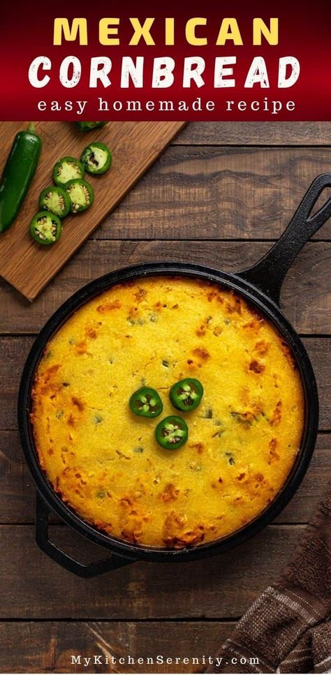 Easy, cheesy Mexican cornbread made with sour cream, jalapenos, cheddar cheese, cream corn, and corn meal (no Jiffy!). Super moist! Three-layered cornbread is the moistest, cheesiest, and tastiest… Top Of The River Cornbread Recipe, Homemade Mexican Cornbread, Mexican Cornbread Jiffy, Easy Mexican Cornbread, Creamed Corn Cornbread, Mexican Cornbread Recipe, Jiffy Cornbread Recipes, Cornbread With Corn, Jalapeno Cheddar Cornbread